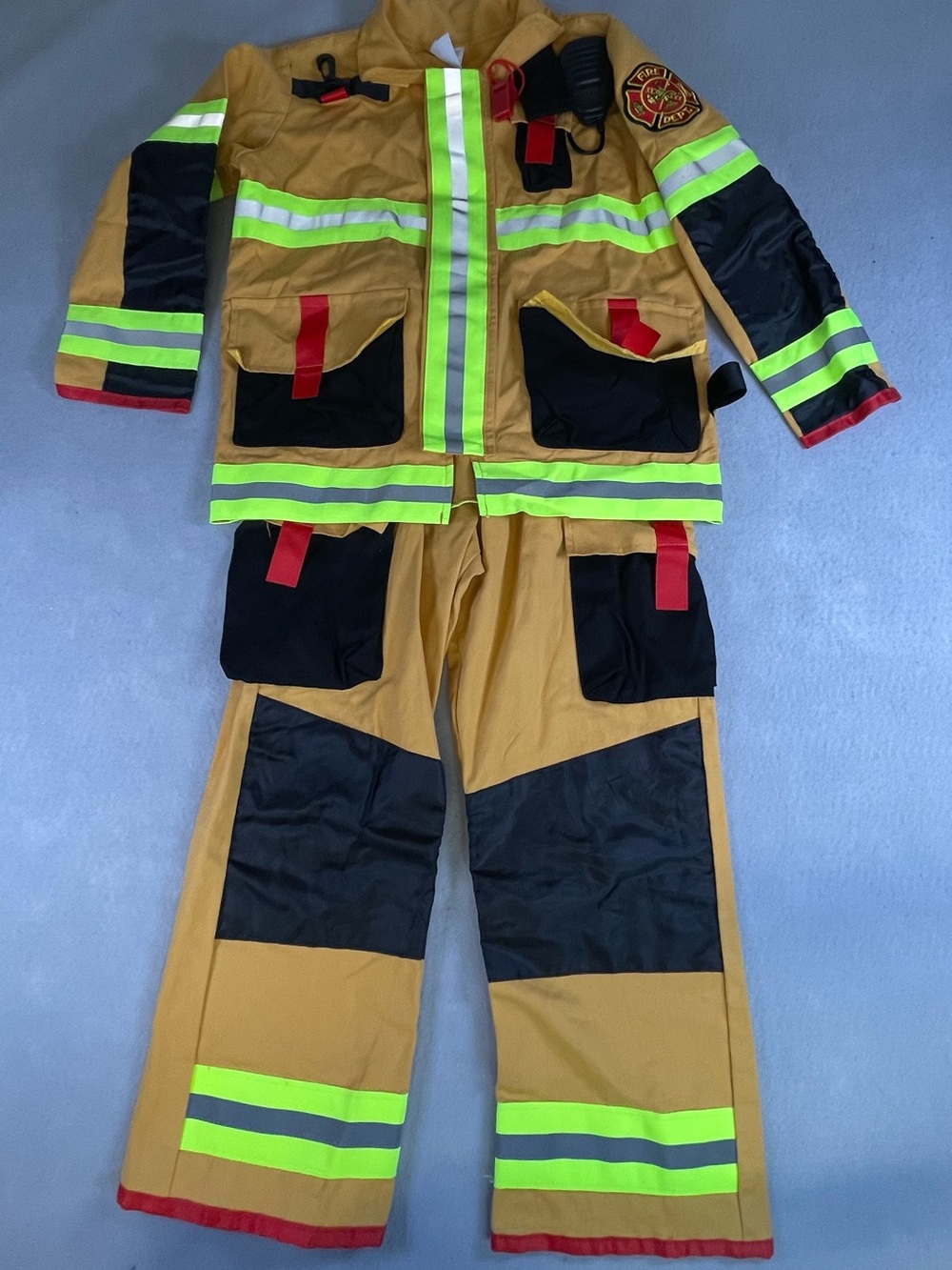 Teetot Co Jr Firefighter Kids Costume Jacket Pants Tan Reflective Size 7-8